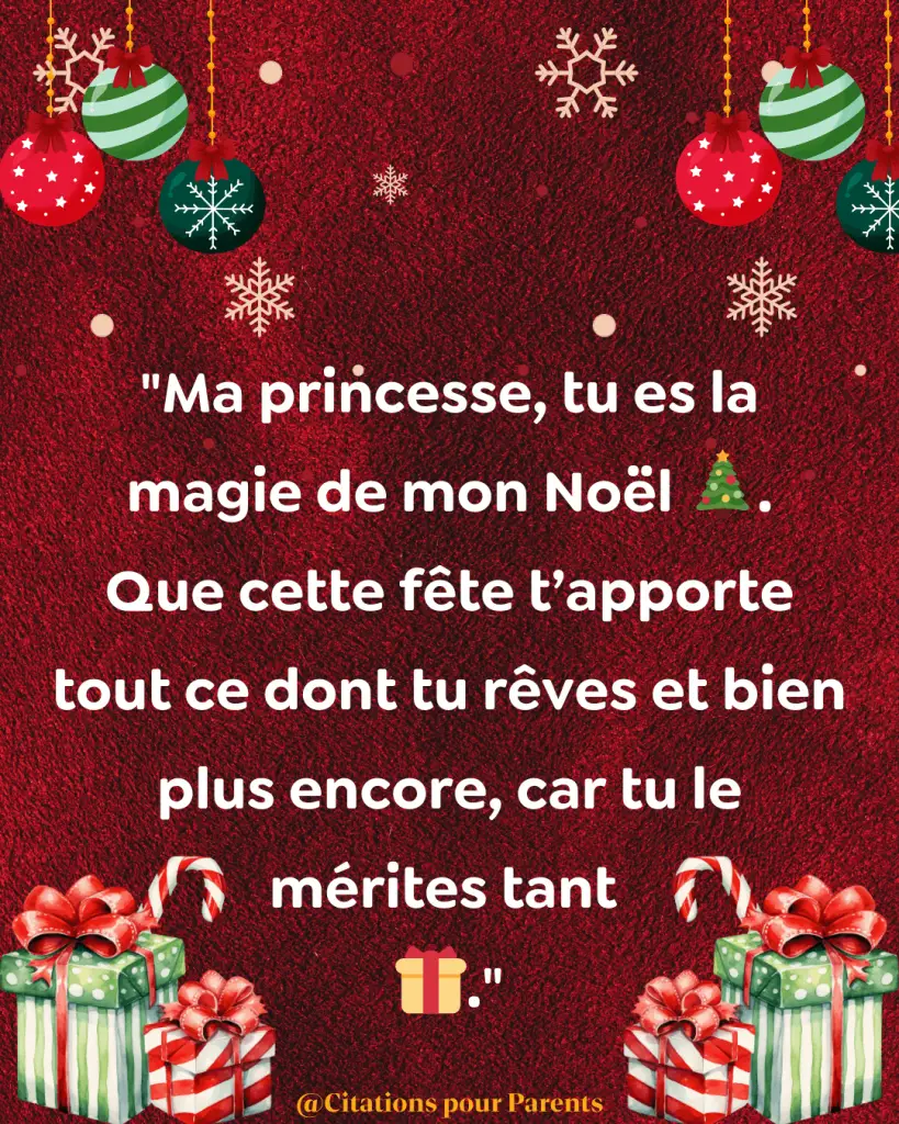 Ma princesse, tu es la magie de mon Noël 🎄. Que cette fête t’apporte tout ce dont tu rêves et bien plus encore, car tu le mérites tant