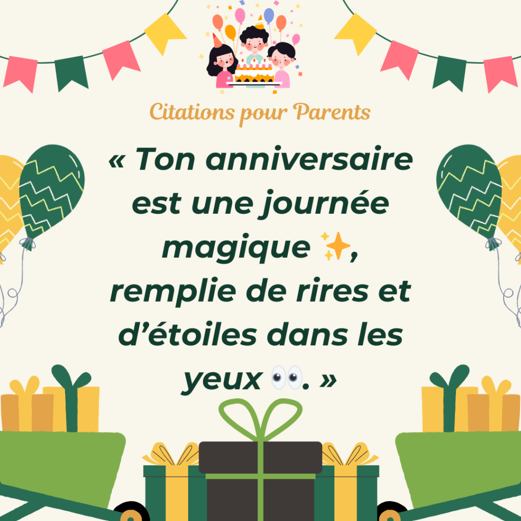 citation anniversaire enfant « Ton anniversaire est une journée magique ✨, remplie de rires et d’étoiles dans les yeux 👀. »