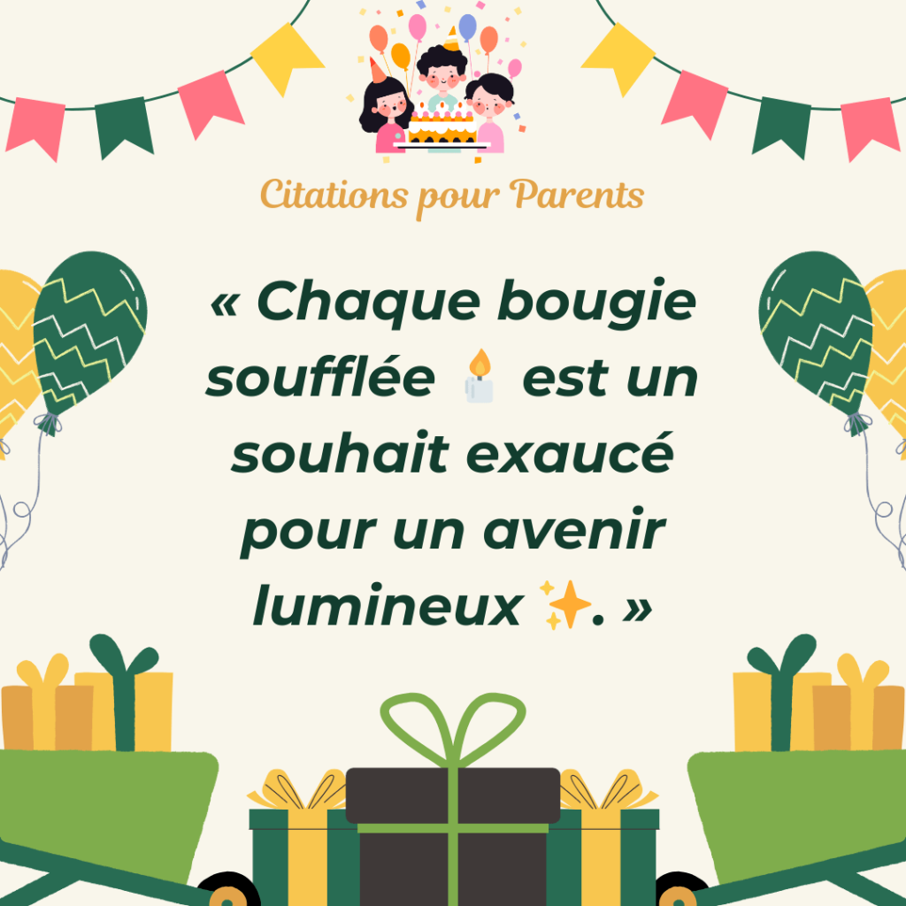 citation sur l'anniversaire d'un enfant en 2024 « Chaque bougie soufflée 🕯️ est un souhait exaucé pour un avenir lumineux ✨. »