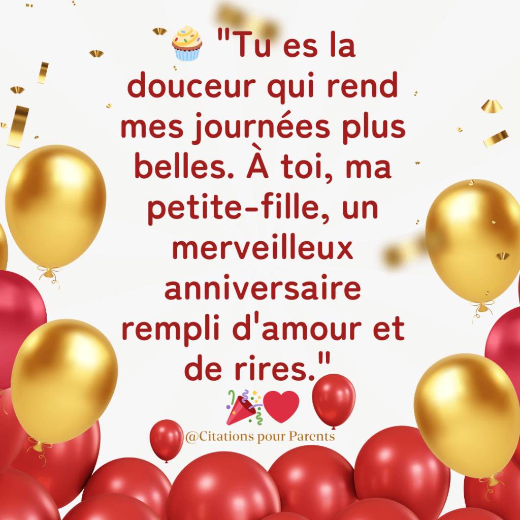 citation mamie petite fille "Tu es la douceur qui rend mes journées plus belles. À toi, ma petite-fille, un merveilleux anniversaire rempli d'amour et de rires."