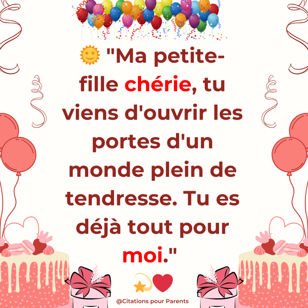 citation mamie petite fille anniversaire "Ma petite-fille chérie, tu viens d'ouvrir les portes d'un monde plein de tendresse. Tu es déjà tout pour moi." 