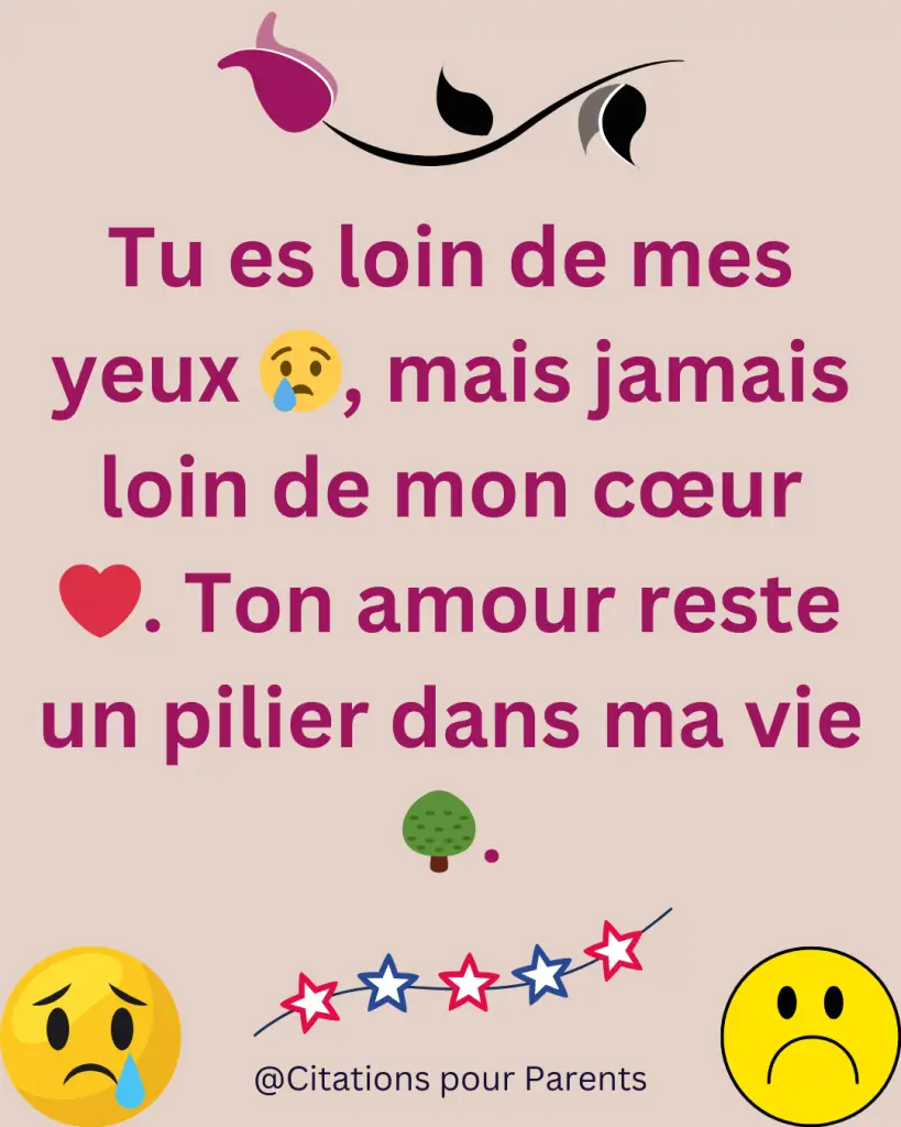 texte sur souvenir de décès Tu es loin de mes yeux 😢, mais jamais loin de mon cœur ❤️. Ton amour reste un pilier dans ma vie 🌳.