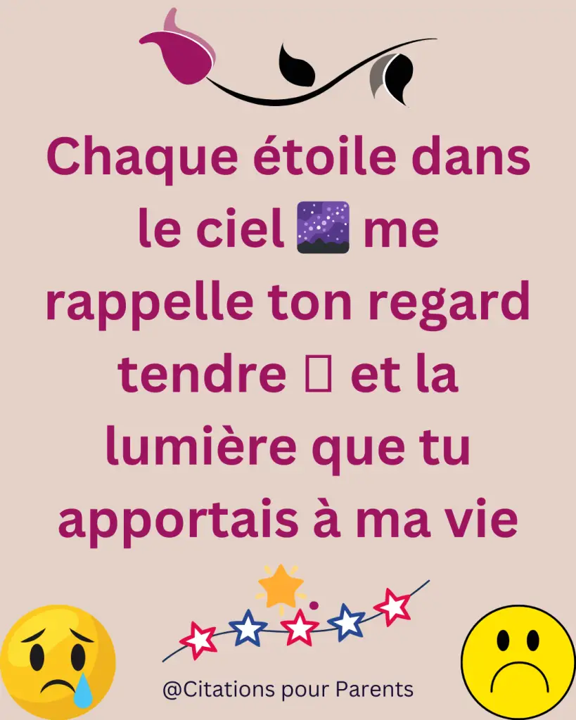 citation sur le souvenir décès Chaque étoile dans le ciel 🌌 me rappelle ton regard tendre 🩷 et la lumière que tu apportais à ma vie 🌟.