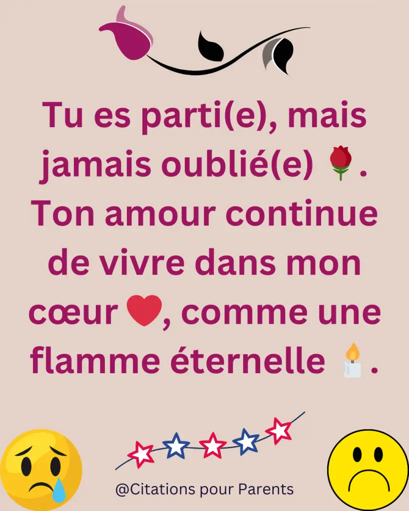 proverbe souvenir décès Tu es parti(e), mais jamais oublié(e) 🌹. Ton amour continue de vivre dans mon cœur ❤️, comme une flamme éternelle 🕯️.